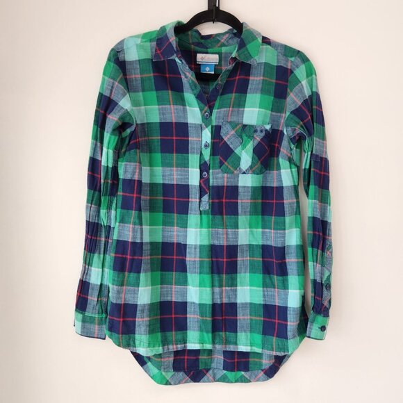 Columbia Tops - Columbia PFG Plaid Green Popover Shirt Blouse 100% Cotton Hiking Women's M